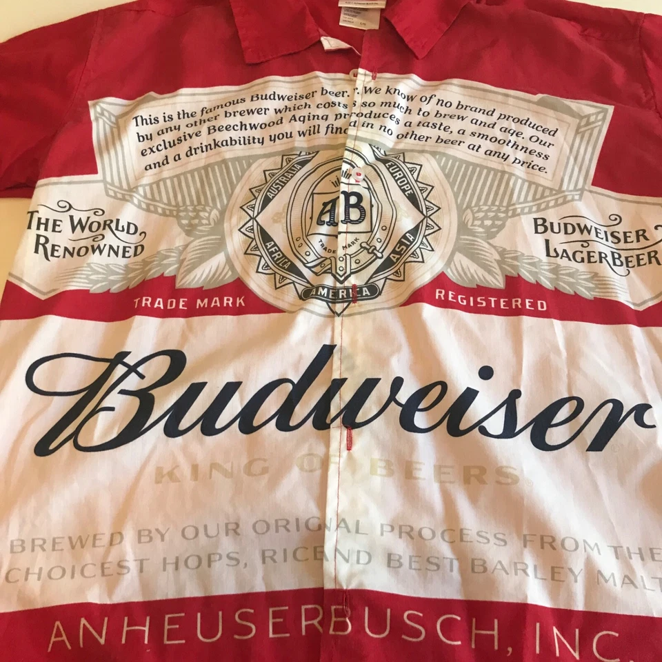 Budweiser Anheuser-Busch Red All Over Print Button-Up Shirt Hawaiian Beer RARE L - Image 2 of 4