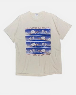 Vintage 90s Men's And On The Eighth Day Let There Be Softball Tee Size L Fits M