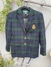 Ralph Lauren Green Blue Plaid Wool Embellished Tailored Embroidered Crest Blazer