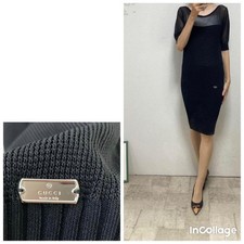 GUCCI knit dress S black With logo plate Rayon short sleeve