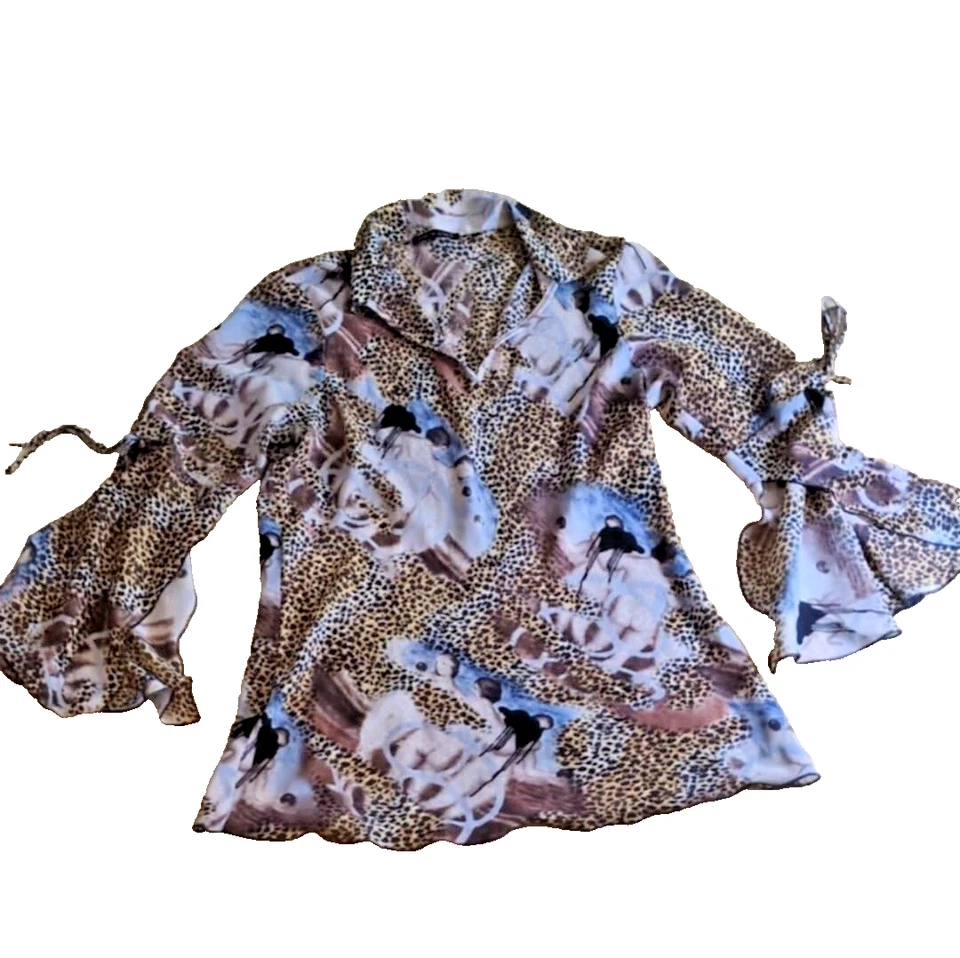 Violet Claire Blouse Med Animl Prnt Long Bell Slve Artsy VNeck Edgy Chiffon Boho - Image 4 of 4