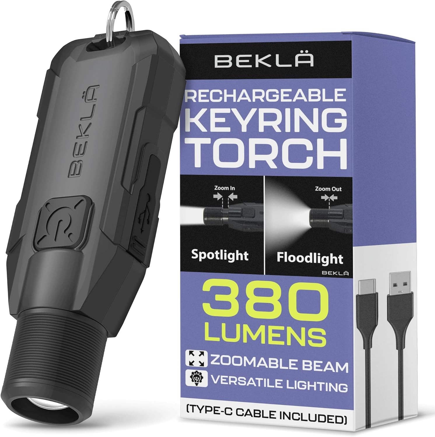 Keyring Torch Zoomable - 380 Lumen LED Small Flashlight, Rechargeable, EDC Mini