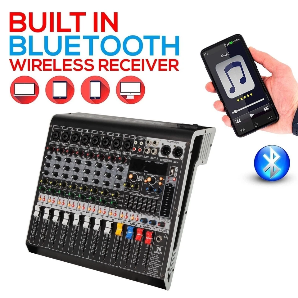 5Core Audio Mixer 8 Channel DJ Soundboard USB Interface Bluetooth XLR Console - Image 4 of 4