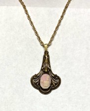 Vintage Faux Cameo in Frame Necklace Pendant Gold Tone Rope Chain 22" -Pink