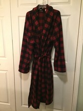 Vtg LL Bean Bath Robe Mens 2XL RED/BLACK PLAID POLYESTER Belted Pockets Plush