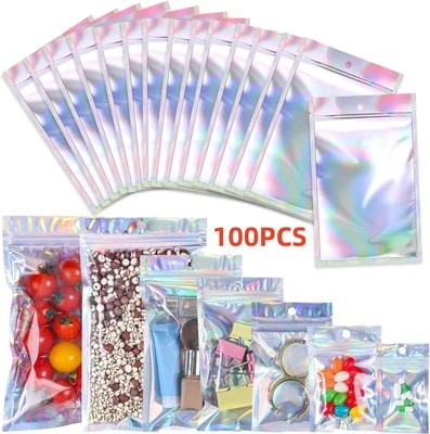 100Pcs Holographic Rainbow Zip Lock Bags Clear Zip Seal Mylar Bags Foil Pouches