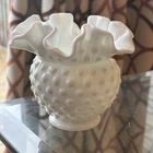 Vintage Fenton White Milk Glass Hobnail Double Ruffle Edge Vase 4.25” Tall