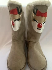 Marley Lilly Women's Size 9 Tan Reindeer Faux Sherpa Tie Boots READ