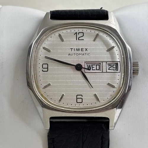 Vintage Timex Automatic Silver Tone Watch 34.5mm Day Date - Starts & Stops
