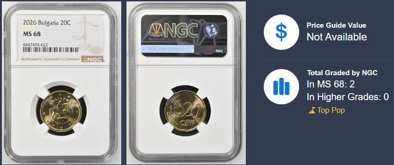 BULGARIA 20 EURO CENT 2026 NGC MS68 TOP POP GRADE 1ST YEAR OF ISSUE