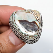 Abalone Shell Gemstone Band Ring Size 925 Sterling Silver