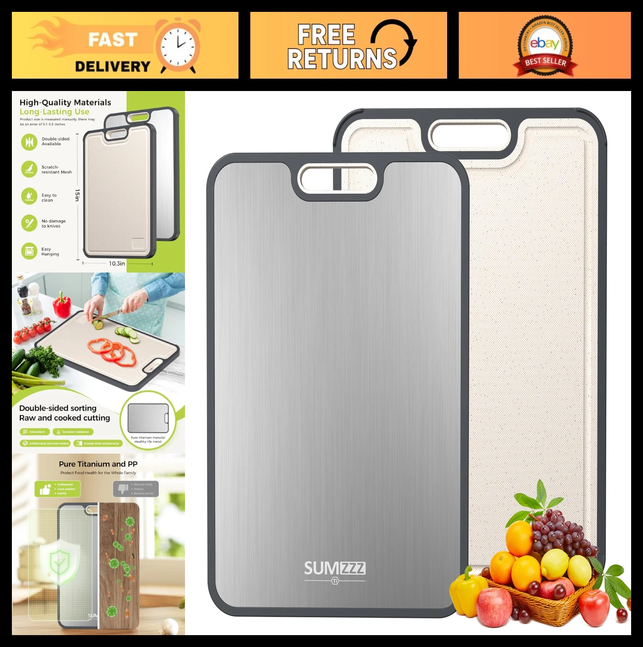 Large Double-Sided Titanium Cutting Board, Food Grade, Easy to Clean 16"x11"