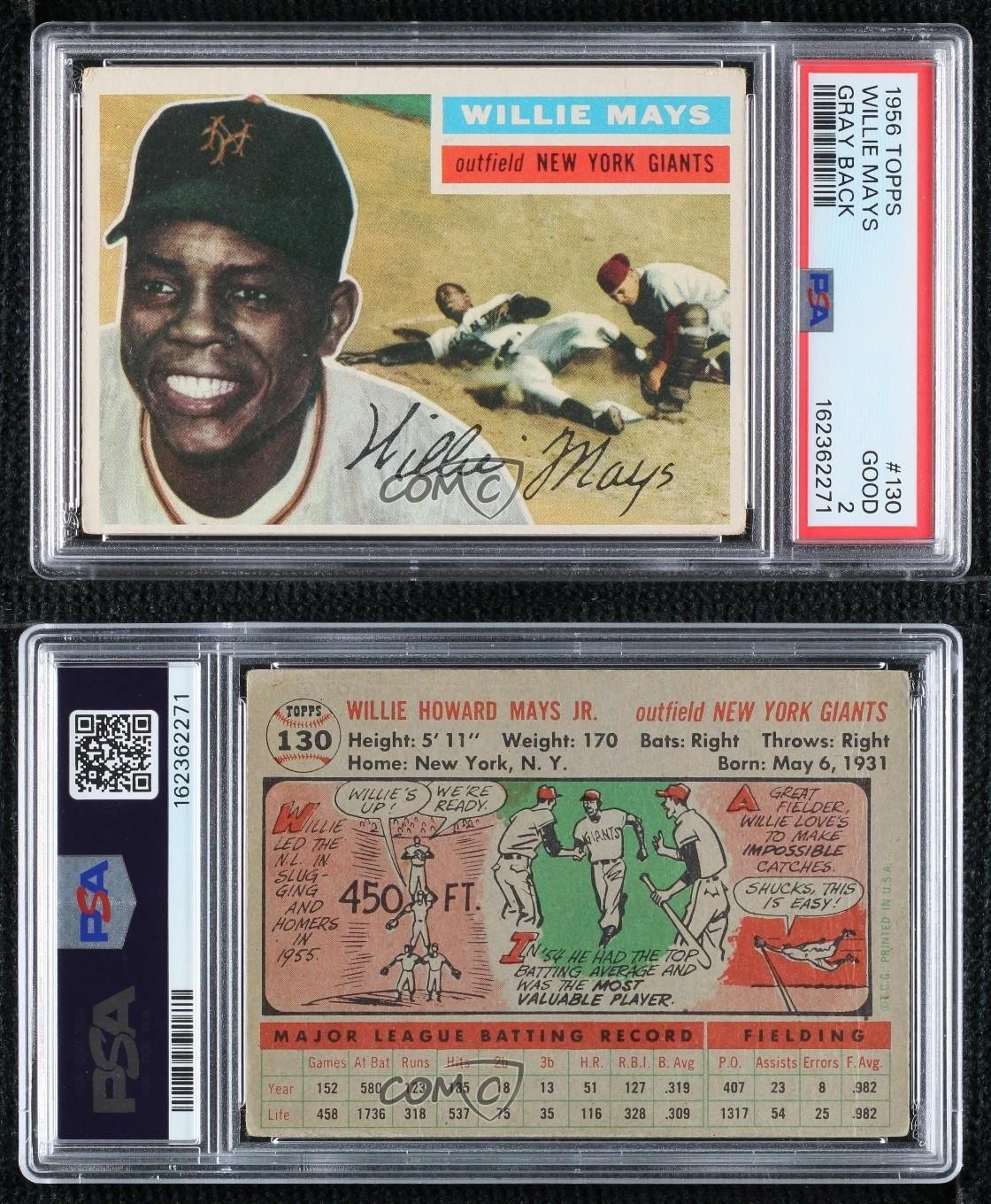 1956 Topps Willie Mays (Gray Back) #130 PSA 2 HOF view 3