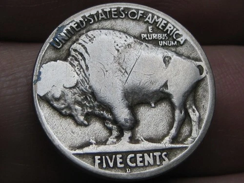 1918 D Buffalo Nickel 5 Cent Piece- Denver, Good Reverse Details