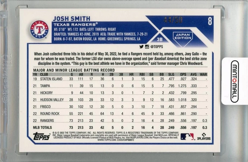 2023 Topps Japan Edition Josh Smith Purple 8 44/50 Texas Rangers - Image 2 of 2