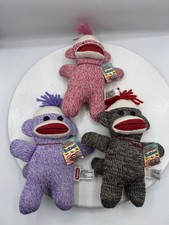 Schylling Sock Monkey Babies Plush Lot 3 Purple Pink Brown Stuffed Toy Monkeys