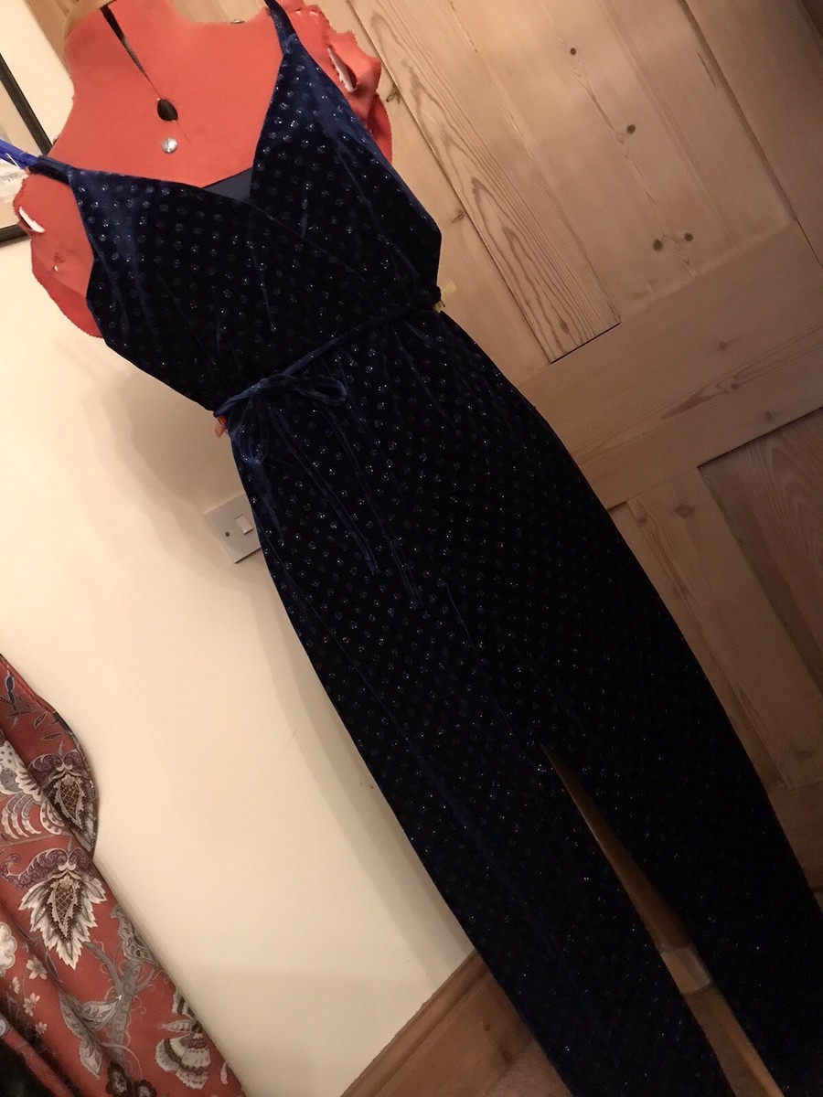 MIDNIGHT BLUE VELVET JUMPSUIT SPARKLY TOPSHOP WIDE LEG EVENING