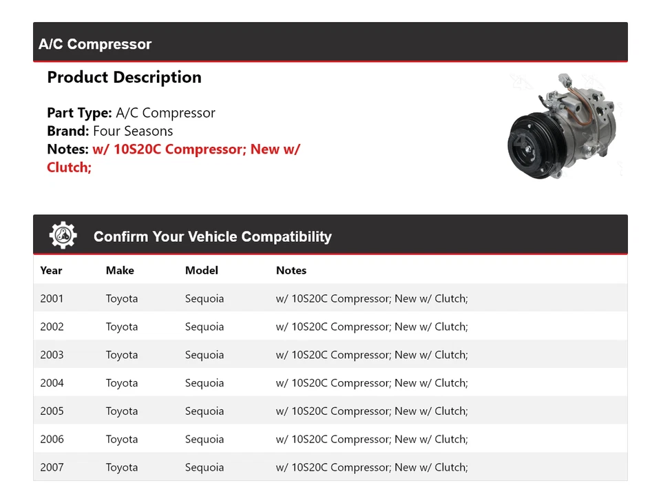 Compresor de aire acondicionado para Toyota Sequoia 2001-2007 4 estaciones 2002 2003 2004 2005 2006 Foto 2 de 4
