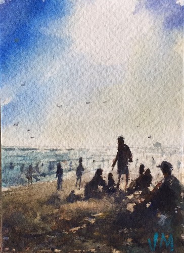 Aceo Original Watercolor Painting  Huntington Beach sunshine