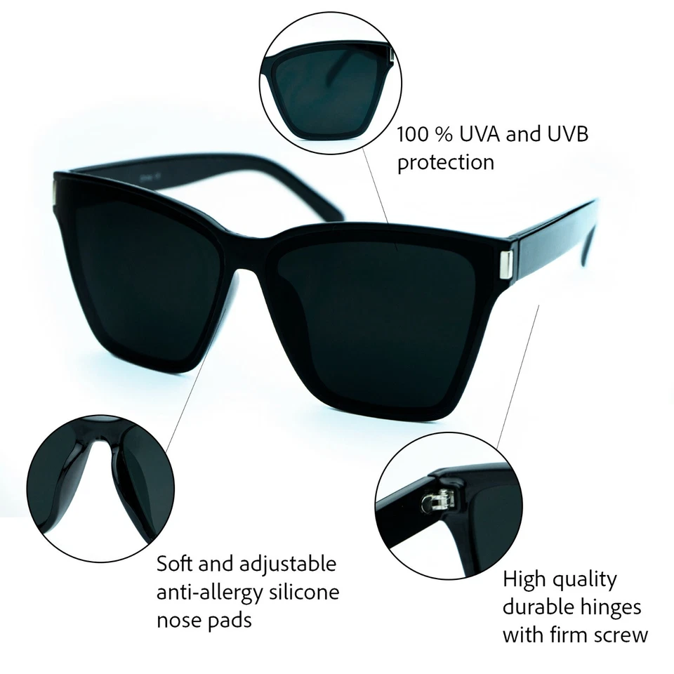 Mujeres Gafas de sol XXL GRAN TAMAÑO "KATE" Ojo de Gato Parte Superior Plana Cuadrada Shadz GAFAS Foto 3 de 4