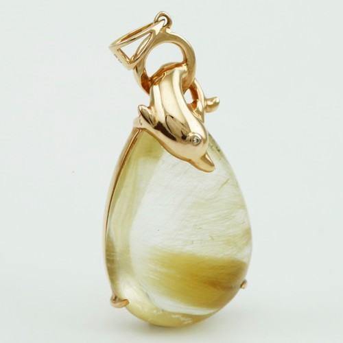 Genuine 18CT RG Golden Rutilated Quartz Dolphin Bail Pendant - Picture 10 of 10