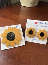 Hand painted, Clay Fired, Surgical Steel Made In USA Sunflower Earrings & Brooch