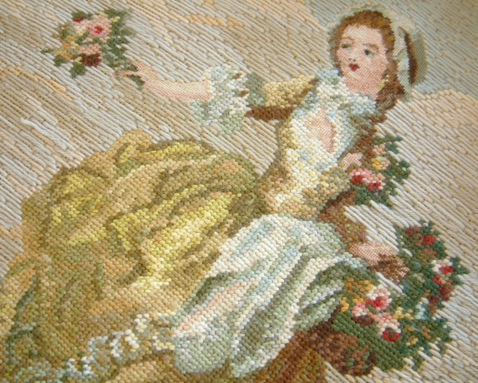 Victorian Era Young Beautfy Gathering Roses Tramme Needlepoint Artistic Tapestry - Image 4 of 4