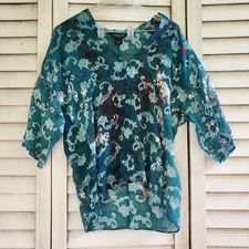 Citron Blue Teal Floral Asian Print Kimono Silk Blend Sheer Art To Wear Size PS