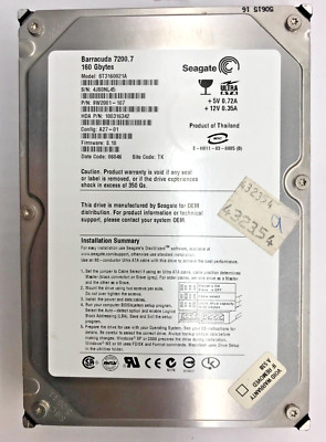 160GB IDE HARD DRIVE SEAGATE BARRACUDA ST3160021A - 3.5'' #FP3498