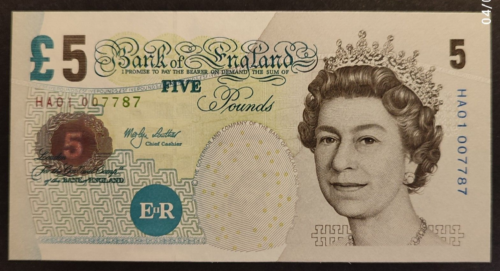 Billete de 5 libras del Banco de Inglaterra 2002 Lowther HA01 PRIMER QEII B393 billetes sin circular - Imagen 1 de 2