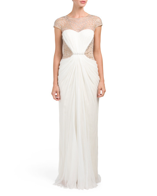 $868 NEW Tadashi Shoji Franklin Cream Embellished Silk Tulle Gown Size 8~NWT