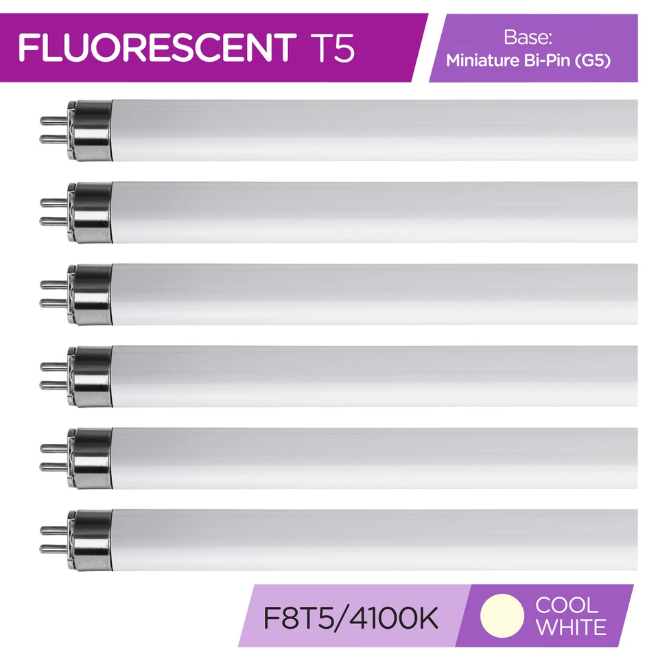 Paquete de 6 tubos fluorescentes F8T5 CW 41K 12" 8W vatios T5 Mini Bi 2 pines G5 blanco frío Foto 2 de 4