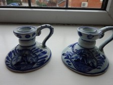 PAIR OF DELFT BLUE COLOUR CANDLESTICKS