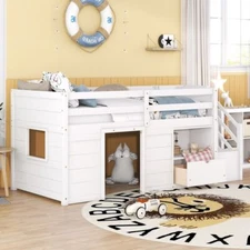 Twin Size Kid Loft Bed with Book Storage Combined Drawer and Built-in Staircase