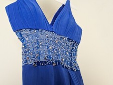 ALYCE DESIGNS Silk Blue prom dress beaded sheer mid section V-neck