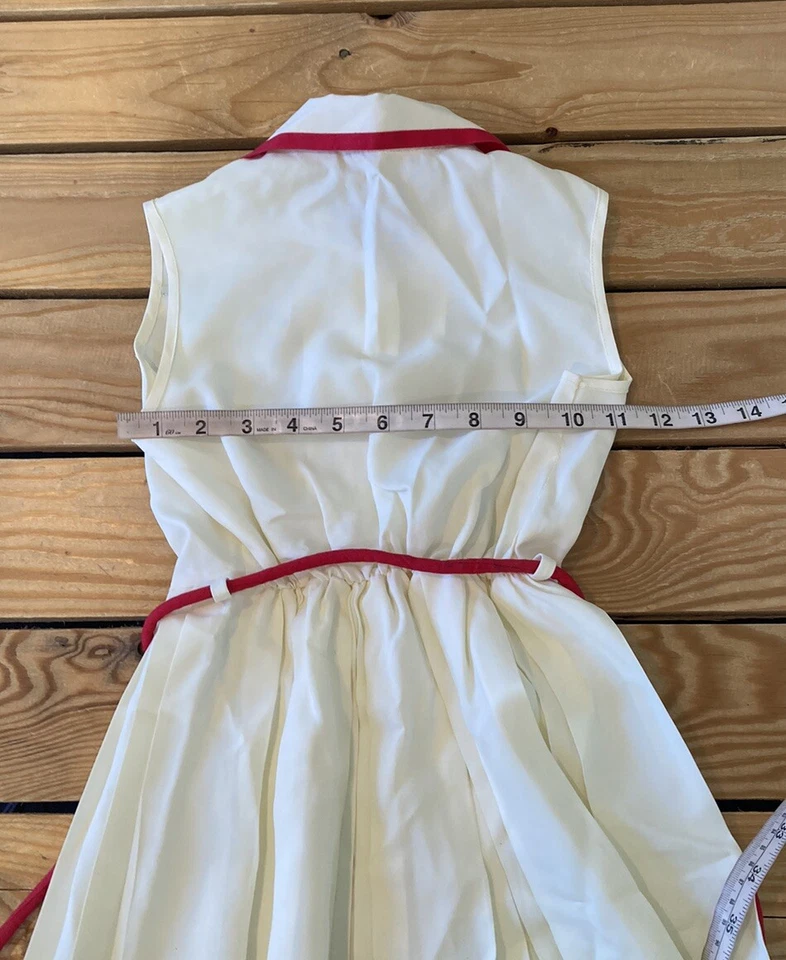 复古手工女孩无袖褶饰连衣裙 4 码象牙色 AH — 第 4/4 张图片