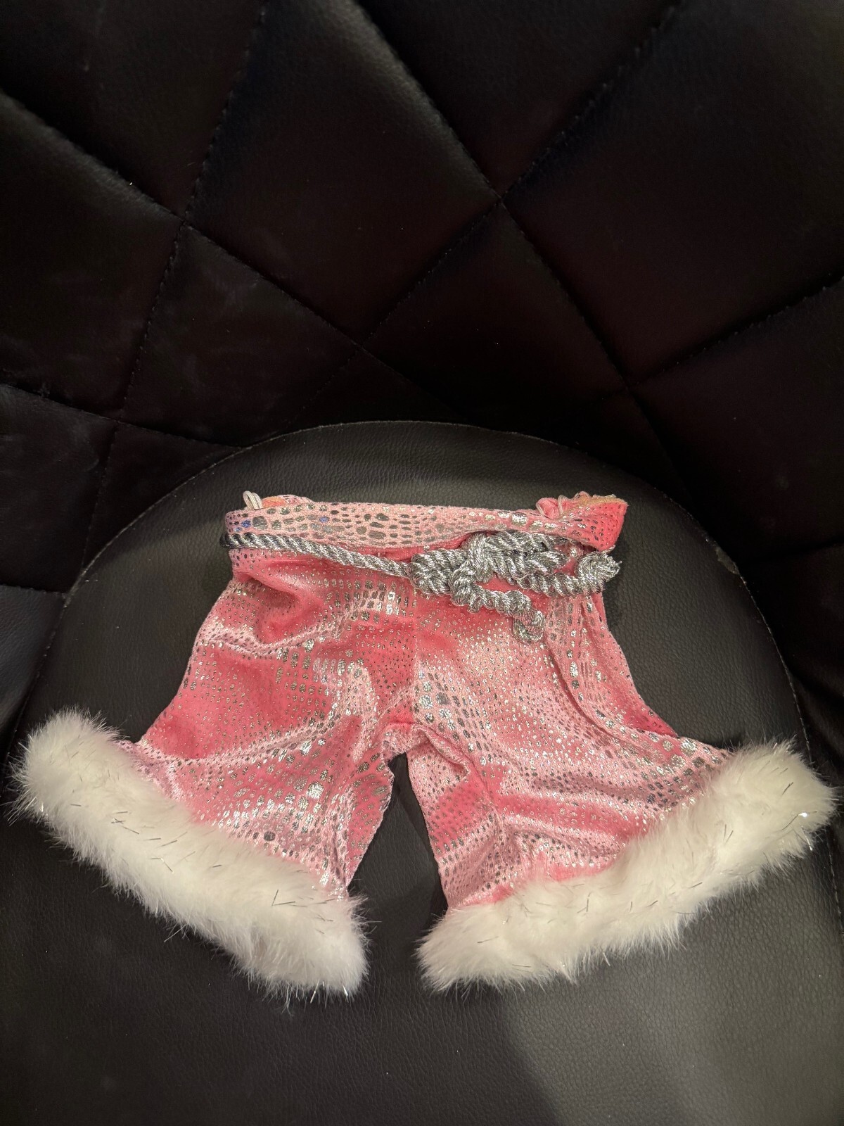 Build A Bear Pink Glittery Pants with Silver Shiny Robe Tie and Fur Trim