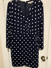NWT LOFT Faux Wrap Navy Blue Polka Dot Dress Size 14 Back Zipper Stretchy
