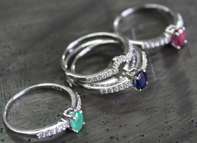 Silber 3 in 1 Ring Smaragd Blauer Saphir Rubin Wechselbarer Ring Für Frauen - Bild 2 von 4