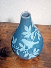 Art Pottery Blue Glossy Vase with Light Blue Indented Bird and Leaves