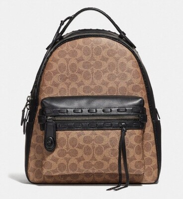 coach campus backpack in signature canvas Court With Bow Print Signature coated canvas and smooth leather Inside zip cell phone and multifunction pockets Laptop compartment with zip closure Zip closure recycled polyester lining Top handle with 3 drop Outside zip pocket Luggage sleeve Adjustable shoulder straps Fits a 16 laptop 11 3/4 (L) x 16 1/2 (H) x 6 (W) Style No. COACH 37466 Campus Backpack in
