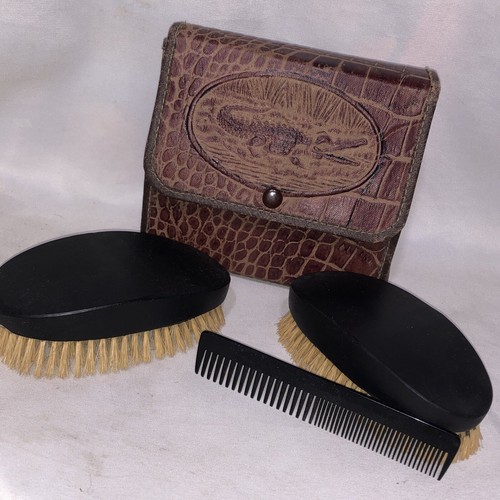 Vtg Mens Wooden Black Brush Comb Set in Faux Leather Case Alligator Image/13a