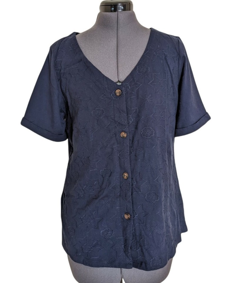 W.Lane Top Blouse Womens Embroidered Short Sleeve Button Up Shirt Navy - Size S