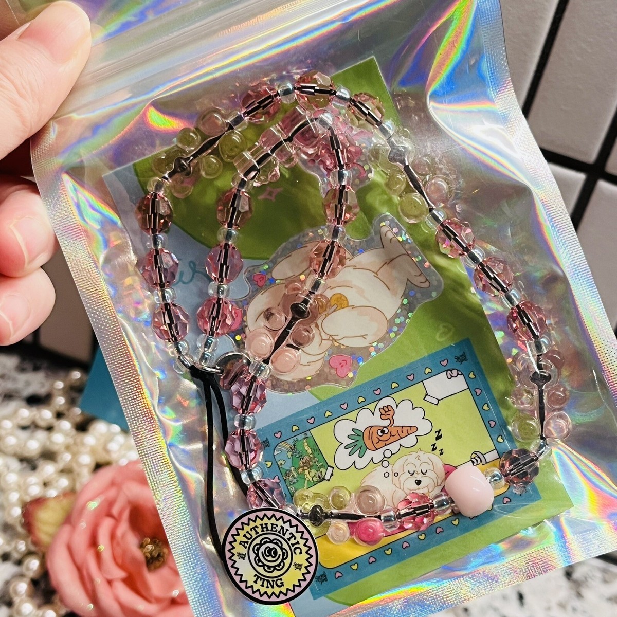 String Ting London Bear-y Rose Drip Crystal Wristlet Phone String Ting London Bear-y Rose Drip Crystal Wristlet Phone