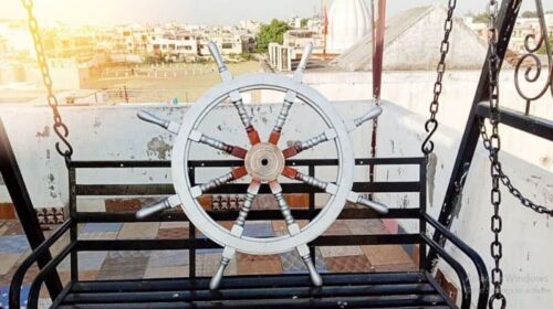 36"Big Ship Steering Wheel Wooden Brass White Finish Pirate Style Nautical Gift - Picture 1 of 10