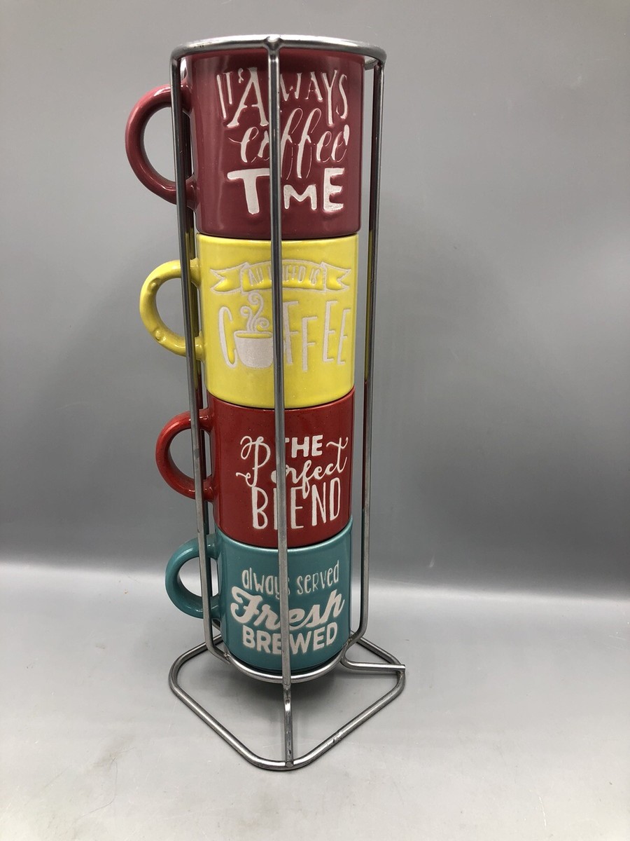 Colorful Stackable Espresso Mug Set of 4 With Stand, Coffee Sayings, 4oz |  eBay