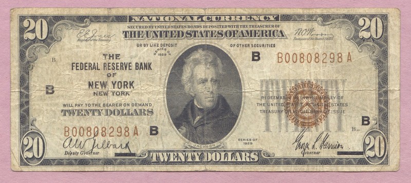 1929 National Currency $20 Brown Seal,FRB New York,Twenty Dollars,True Auction