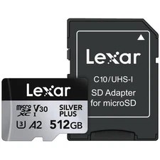 512GB Professional Silver Plus Micro SD Card, UHS-I, C10, U3, V30, Full HD & ...