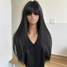 Heat Resistant Hair Soft Halloween Black Costume Wigs With Fringe Long Straight