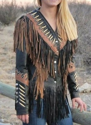 Women Western Cowboy Suede Fringe Jacket Native American Leather Bone Beads Coat